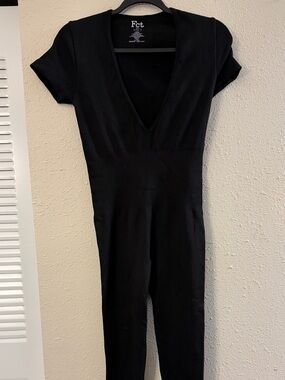 Black Ribbed Short-Sleeve V-Neck Jumpsuit